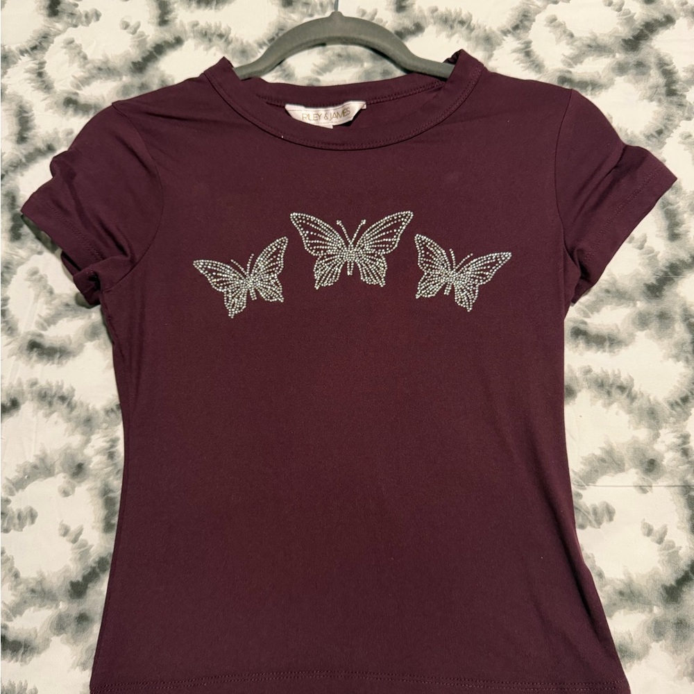 Women's Plum Butterfly Rhinestone Tee